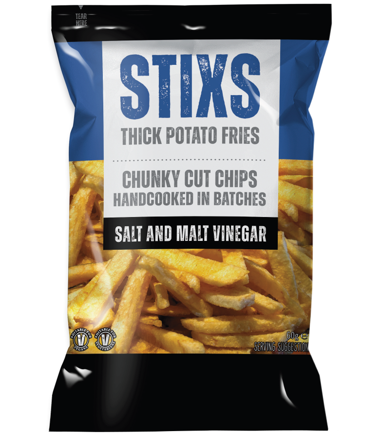 STIXS CHUNKY POTATO CHIPS SALT & MALT VINEGAR 60g (2.1oz) bag